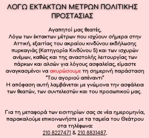 Ακυρώθηκε η αποψινή παράσταση «Του Αγοριού Απέναντι» στο Θέατρο Άλσος λόγω έντονου κινδύνου πυρκαγιάς