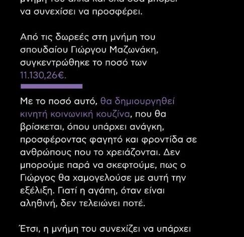Γιώργος Μαζωνάκης: Το ποσό που συγκεντρώθηκε στη μνήμη του αντί στεφάνων – Πού θα αξιοποιηθούν τα χρήματα