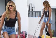 Gisele: Η εμφάνιση με πατερίτσες και ειδική μπότα μετά από τραυματισμό στο δεξί πόδι της